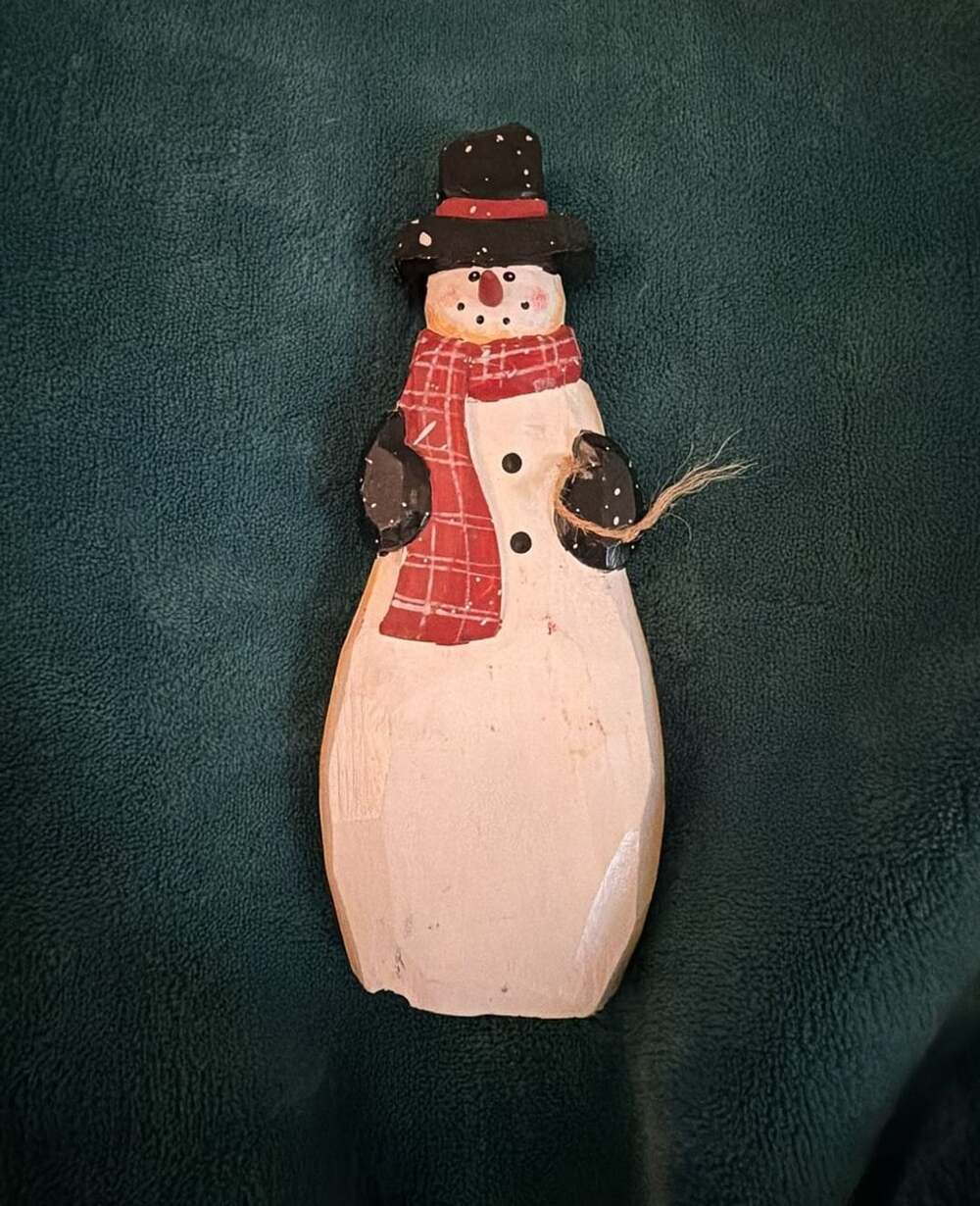 Vintage Handmade Wooden Snowman Hanging Decor with Plaid Scarf and Top Hat